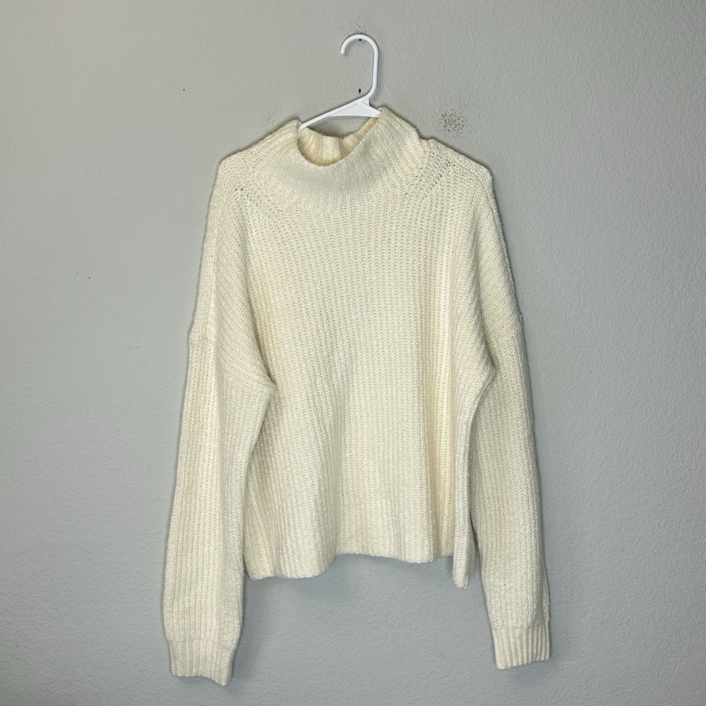 Anthropologie Cream Oversized Chunky Knit Mock Neck Turtleneck Sweater Size XL